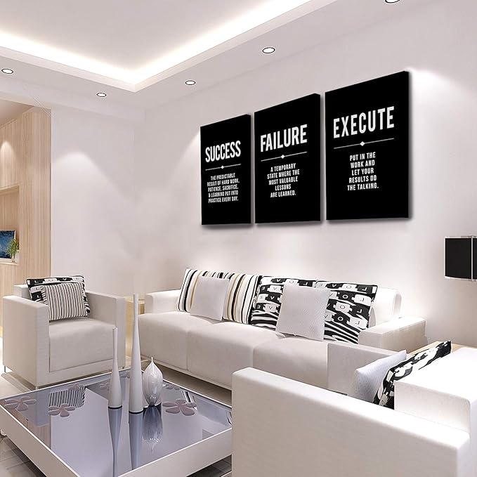 Framed Canvas Wall Art Success Quote, Office Wall Art, Black Large Poster, Positive Motivational Set of 3 Prints, Execute Failure Definition, Inspirational Print (A-3pcs,16x24inchx3pcs)