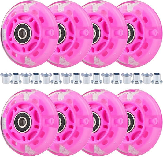 8pcs Inline Skate Wheels Led Light-Up Wheels 64/70/72/76/80mm w/Bushings 85-88A for Kids and Youth Beginners Children's Inline Skates Indoor/Outdoor Use (Pink, 70mm)