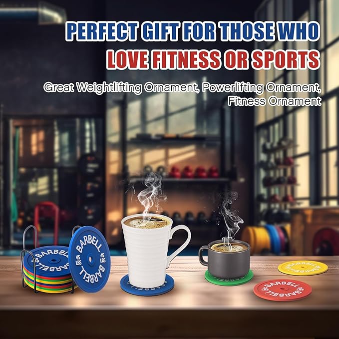 8 Pcs Barbell Bumper Plate Cool Coasters Round Silicone Coasters Weight Plate Coaster with Rack Holder for Gym Lovers Gym Accessories(Colorful)