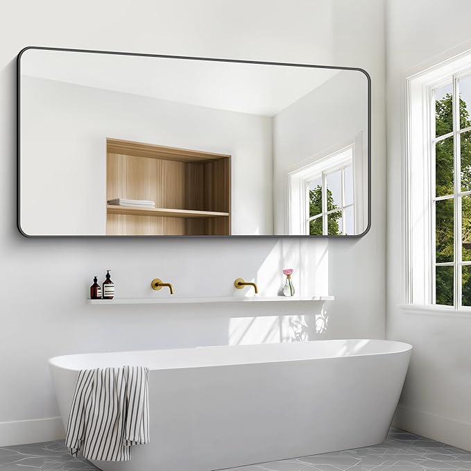 72x36 inch Large Bathroom Mirror,Black Rectangle Mirror,Wall Mounted Bathroom Frame Vanity Mirror with Round Corner for Bedroom Living Room,Entryway Hangs Horizontal or Vertical