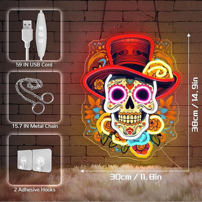 Day of the Dead Neon Sign - Mexican Sugar Skull LED Neon Light for Home & Bar Decor,UV Printed Art with Flexible LED Strip,Halloween & Día de Muertos Party Decoration (Red）