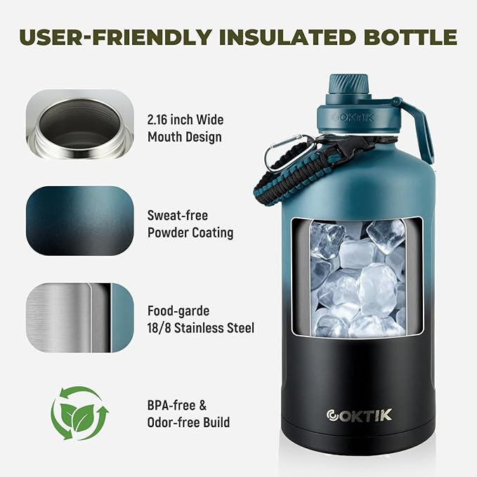 COKTIK 128 oz Insulated Water Bottle, Triple Wall Stainless Steel Flask, Keeps Drinks Cold for 48 Hrs Leak-Proof & BPA-Free Half Gallon Jug with Paracord Handle, Straw & Spout Lids(Indigo Black)
