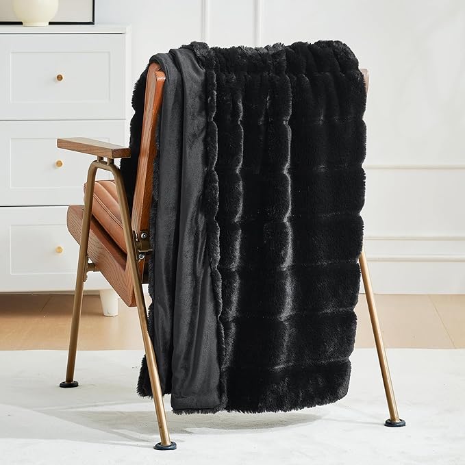 Cozy Bliss Faux Fur Throw Blanket for Couch, Cozy Warm Plush Striped Blanket for Sofa Bedroom Living Room, Black