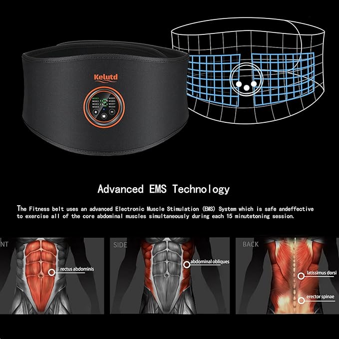 Abs Stimulator Belt-FDA Cleared EMS Massager Abdominal Toining Fitness Belt without GEL SHEET Tactical Abs Power Muscle Toner Workout Men Women & Bodybuilders USB Rechargeable Black KLT-07