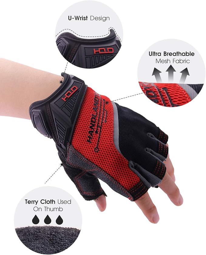 HANDLANDY Fingerless Work Gloves for Men, Half Finger Working Glove Grip Shock-Absorbing Breathable Uwrist TPR Anti-Collision Gloves for Mens & Women (XL)