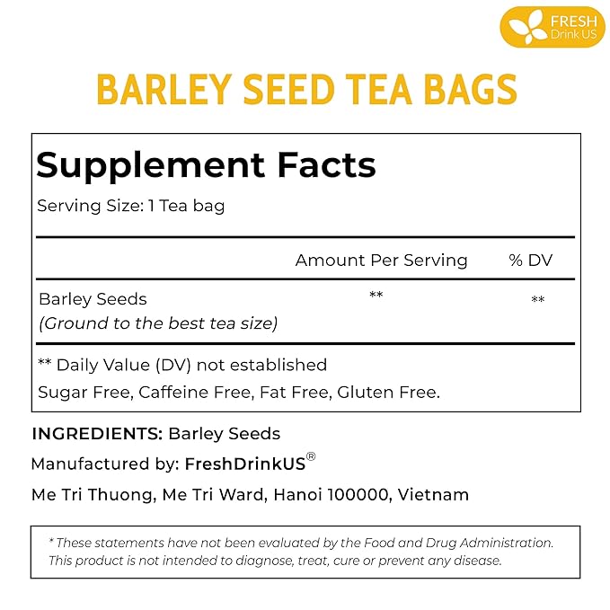 FreshDrinkUS Premium 50 Barley Tea Bags, 100% Natural & Pure. Loose Barley Herbal Tea. Made with Natural Material Tea Bags. No Sugar, No Caffeine, No Gluten, Vegan