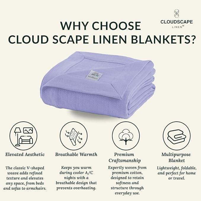 Cloud Scape Linen Herringbone Cotton Throw Blanket for Couch, Bed,Sofa, Home Decor, Soft, Lightweight, All-Season Bed Blanket, 50 x 70, Lavender Blue