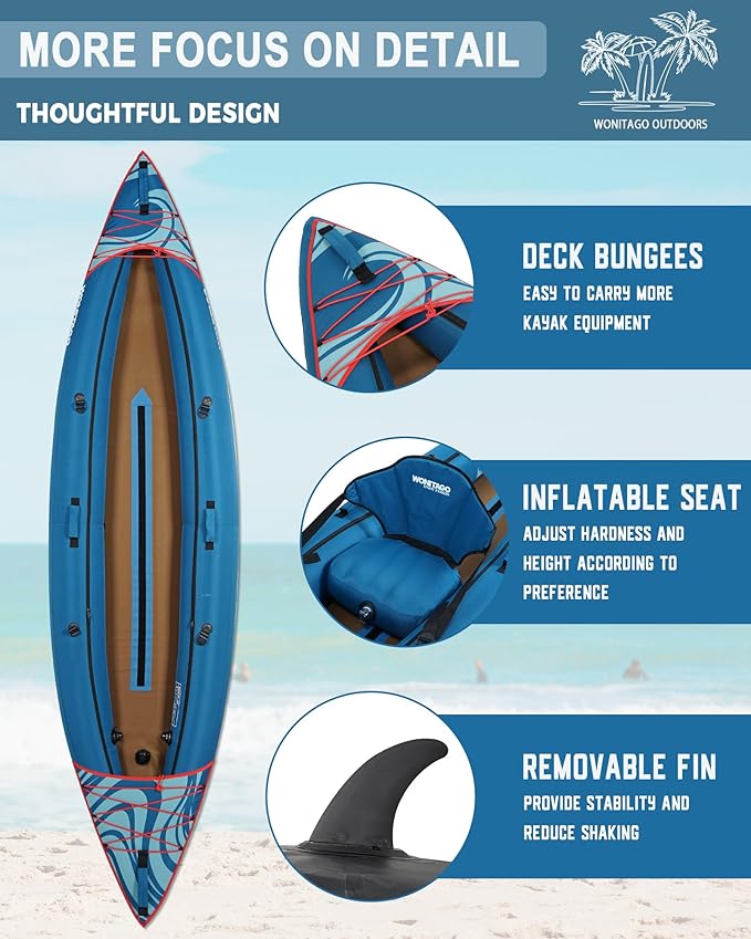 Inflatable Kayak, Portable Ripstop Oxford Cloth Recreational Touring Kayak with Fiberglass Kayak Paddle, Hand Pump and Carrying Bag, 1/2 Person