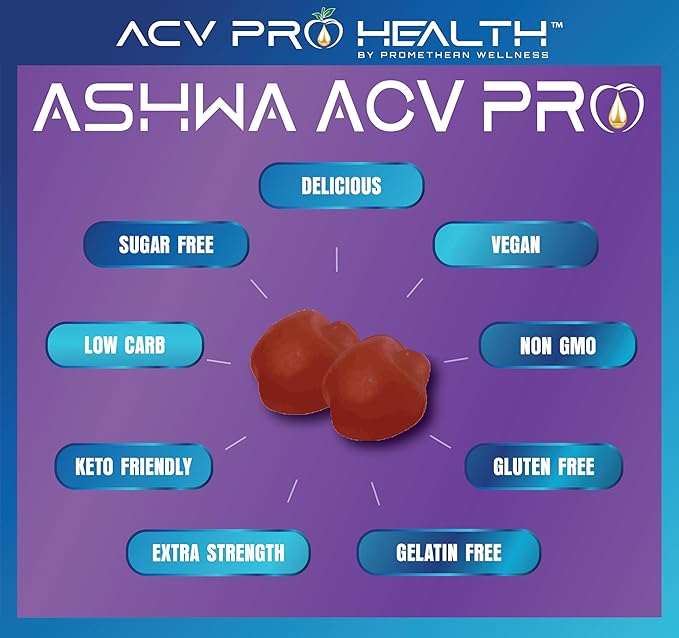 Ashwa ACV Pro Health - Sugar Free Apple Cider Vinegar Gummies, Ashwagandha Gummies, Advanced Keto ACV Gummies, Ashwagandha Supplements with Vitamin D, Stress Relief Supplement,1g Carbs Per Gummy Golo