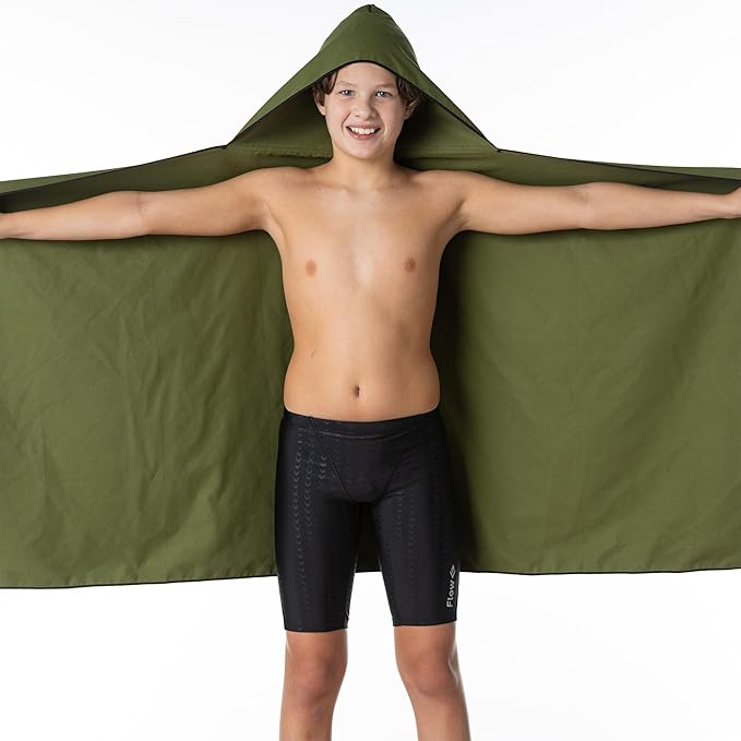 Flow Hydro Sport Towel - Microfiber Quick Dry Swimming Towels for Swim, Pool, Triathlon, and Other Water Sports in Medium, Large, Extra Large, and Hooded Sizes (Army Green, Large w/Hood)