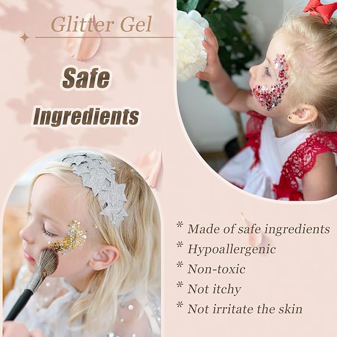 Face Body Glitter, Hair Glitter Sparkles Chunky Face Glitter Gel for Girls Makeup Singer Concerts Mermaid Festival Sequins Face Paint (White+Silver+Pink+Gold+Blue)