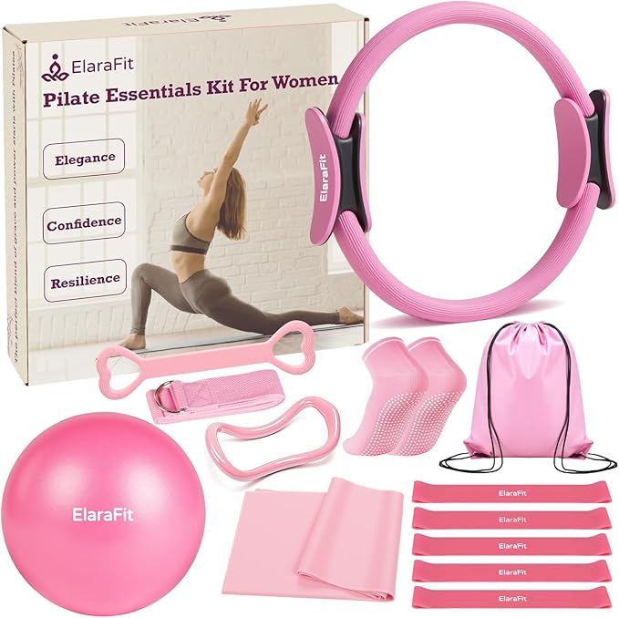 Home Pilates Kit for Women Pilates Equipment Ring and Ball Set Magic Circle Hoop with 5 Resistance Bands Compact Toning Fitness Essentials Starter Set Accessories