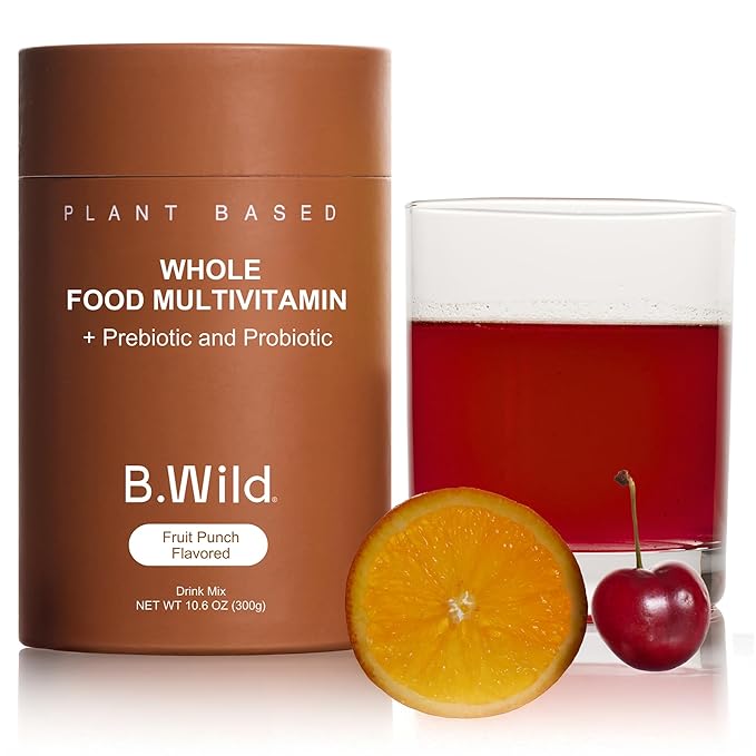 B.WILD Plant-Based Multivitamin Drink Mix – Bold Fruit Punch Flavor with Prebiotics, Probiotics & Adaptogens for Gut Health & Stress Support – 30 Servings – Vegan, Gluten-Free