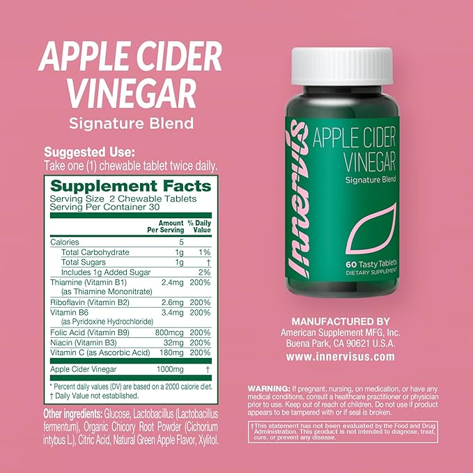 Apple Cider Vinegar 1000mg – Signature Blend with B Vitamins (B1, B2, B6, Niacin & Folate) + Vitamin C – Appetite & Metabolism Support – Green Apple Flavor–Only 5 Calories–60 Tablets