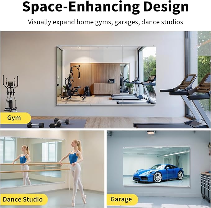 Home Gym Mirror - 55x30 Inch, 3PCS Frameless Tempered Glass Full Body Mirror for Wall Mount - Ideal for Yoga, Workout, Bedroom, Dance Studio (Silver)