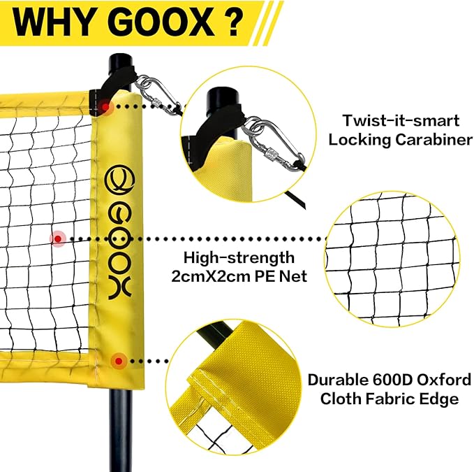 GOOX 4 Square Volleyball Net Game Set, 14 FT 4-Way Volleyball Net for Backyard Beach Lawn, Portable Four Square Volleyball Net for Adults & Youths with Vollyball, Pump, Carry Bag