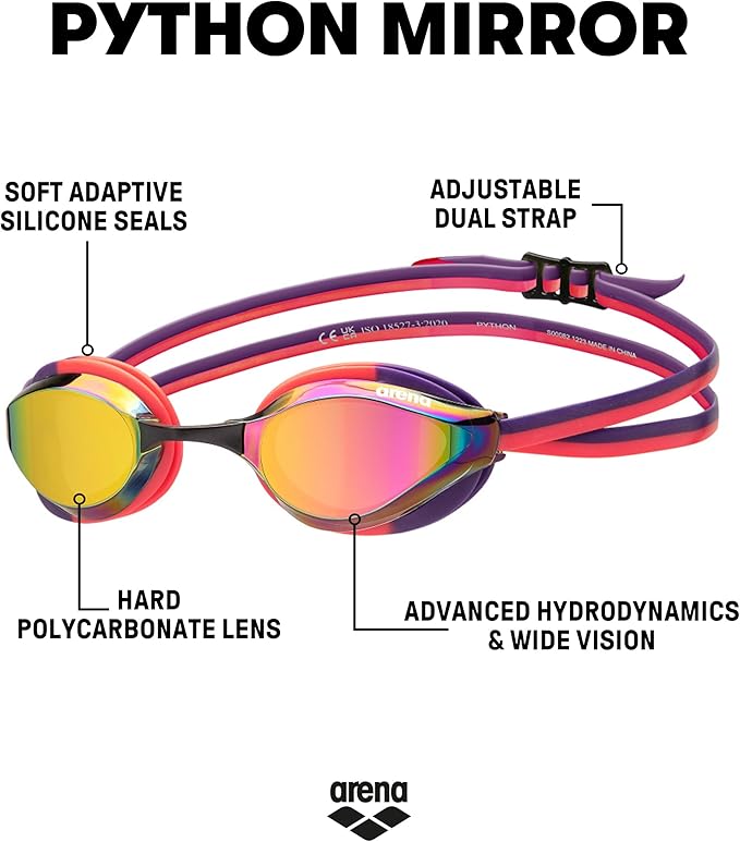 ARENA Unisex Python Racing Swim Goggles for Men and Women Anti-Fog No Leak Max Comfort Dual Strap, Mirror/Non-Mirror Lens