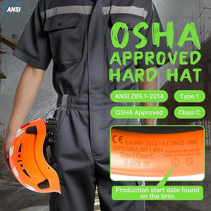 AOLAMEGS Construction Safety Hard Hat - ANSI Z89.1 Type Ι OSHA Approved Safety Helmets with Chin Straps Lightweight Reflective Vented ABS Hard Hats For Men Women Industrial Workwear 6-point Suspension