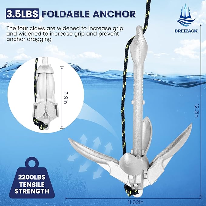 Dreizack Kayak Anchor Kit, 3.5 lb Folding Grapnel Boat Anchor Trolley Accessories with 40ft Rope and PVC Buoy for Fishing Kayaks SUP Paddle Boards Canoes Jet Ski PWC Inflatable Small Boats