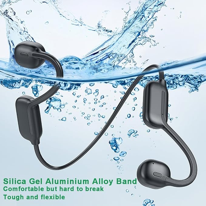 IHAO Swimming Headphones True Bone Conduction Open Ear Headset MP3 Player Built-in 32G Memory IP68 Underwater Waterproof Stereo Bluetooth Earphone for Driving Bicycling Running Skiing-Black