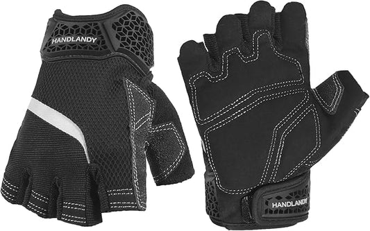 HANDLANDY Fingerless Work Gloves for Men, Half Finger Working Glove Grip Shock-Absorbing Breathable Uwrist TPR Anti-collision Gloves for Mens & Women (Black, M)