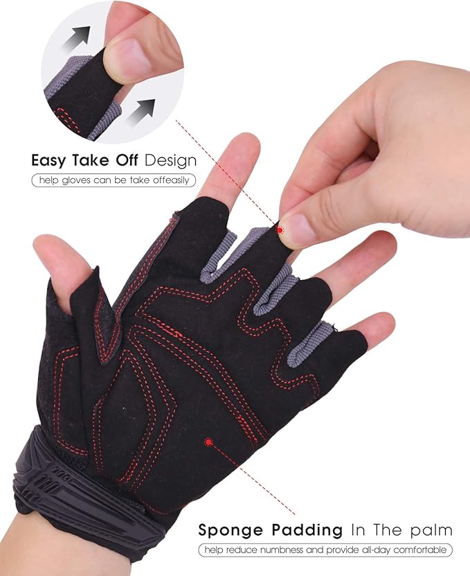 HANDLANDY Fingerless Work Gloves for Men and Women Utility Padded Half Finger Driving Working Gloves (XX-Large, Red)