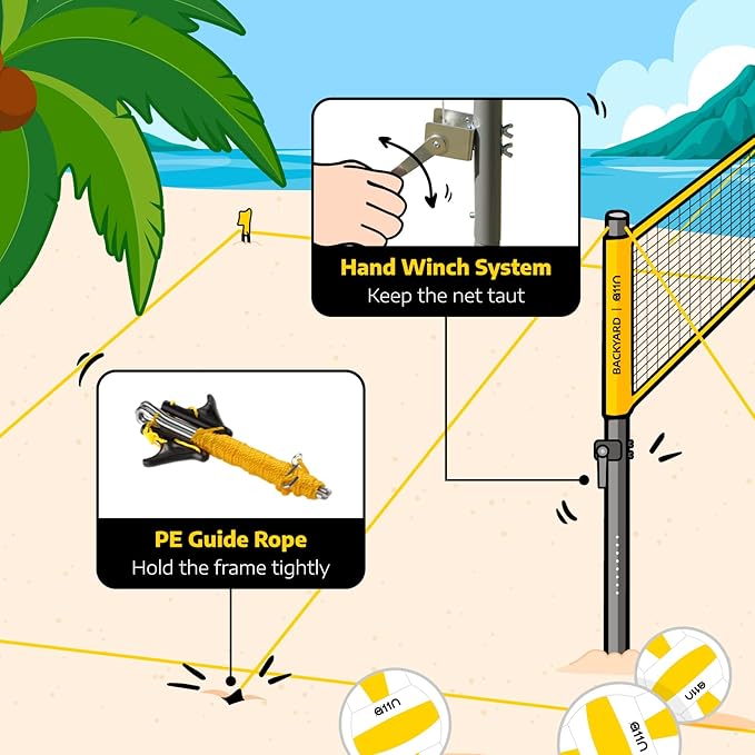 A11N Outdoor Volleyball and Badminton Combo Set - Includes Adjustable Height Anti-Sag Net, Volleyball, Air Pump, 4 Badminton Rackets, 2 Shuttlecocks, Boundary Line Marker, and Carrying Bag