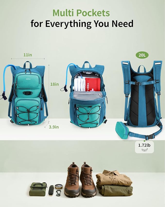 ECOHUB Hydration Backpack for Men Women, 20L Lightweight Hiking Daypack Cycling Backpack with 2L Water Bladder, Insulated Hydration Pack with Waist Pack