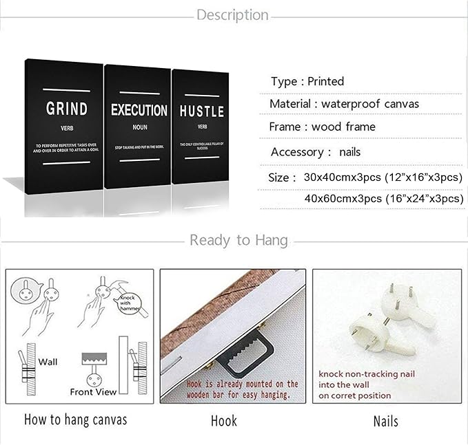 Framed Canvas Wall Art Success Quote, Office Wall Art, Black Large Poster, Positive Motivational Set of 3 Prints, Execute Failure Definition, Inspirational Print (B-3pcs,12x16inchx3pcs)