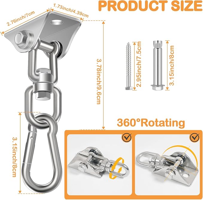 Hammock Hanging Kit, Porch Swing Hanging Kit 1200 Lb Capacity, Hammock Ceiling Hooks Heavy Duty 360°Rotating Hanging Swing Chair Hardware for Hammock Chair Stand, Porch, Yoga, Gym, Silver