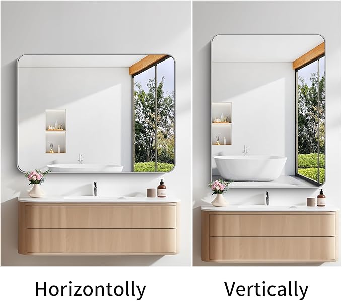 FORBATH 40x48 Inch Silver Bathroom Mirror for Over Sink, Large Rectangular Wall Mirror with Metal Frame, Rounded Corners for Bathroom, Bedroom, Entryway Decor (Horizontal or Vertical)