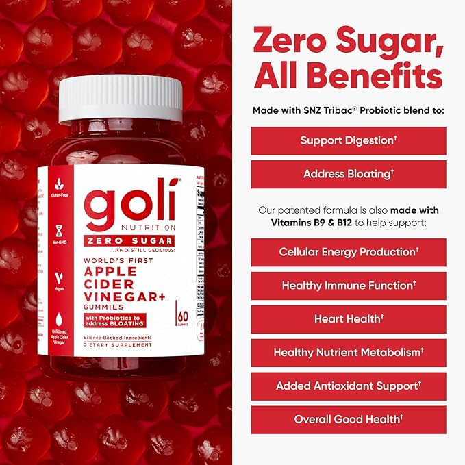 Goli Zero Sugar Apple Cider Vinegar Gummies - Vitamin B12, Probiotics to Address Bloating. No Artificial Sweeteners, No Sugar Alcohols. Vegan, Plant Based, Non-GMO, Gluten-Free & Gelatin Free. (1)
