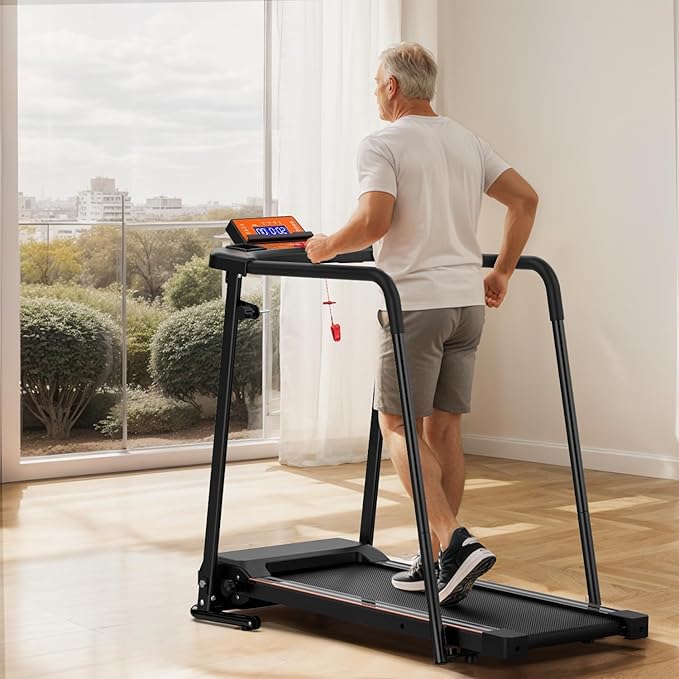 Foldable Walking Treadmill for Seniors with Long Handrails, APP Control & 3D Virtual Scenes – 3.0HP Quiet Motor, 300 lb Capacity, Shock Absorption – Ideal for Home, Office & Small Spaces