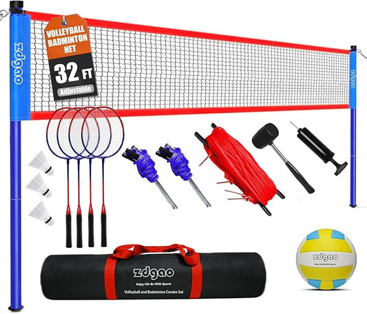 Badminton & Volleyball Combo Set- 32FT Adjustable Professional Volleyball Net for Lawn, Backyard, Easy Set up Volley ball Set with Volley ball,Badminton Racquets,Carry Bag,Boundary Line for Family Fun