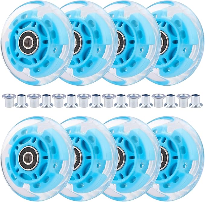 8pcs Inline Skate Wheels Led Light-Up Wheels 64/70/72/76/80mm w/Bushings 85-88A for Kids and Youth Beginners Children's Inline Skates Indoor/Outdoor Use (Blue, 76mm)