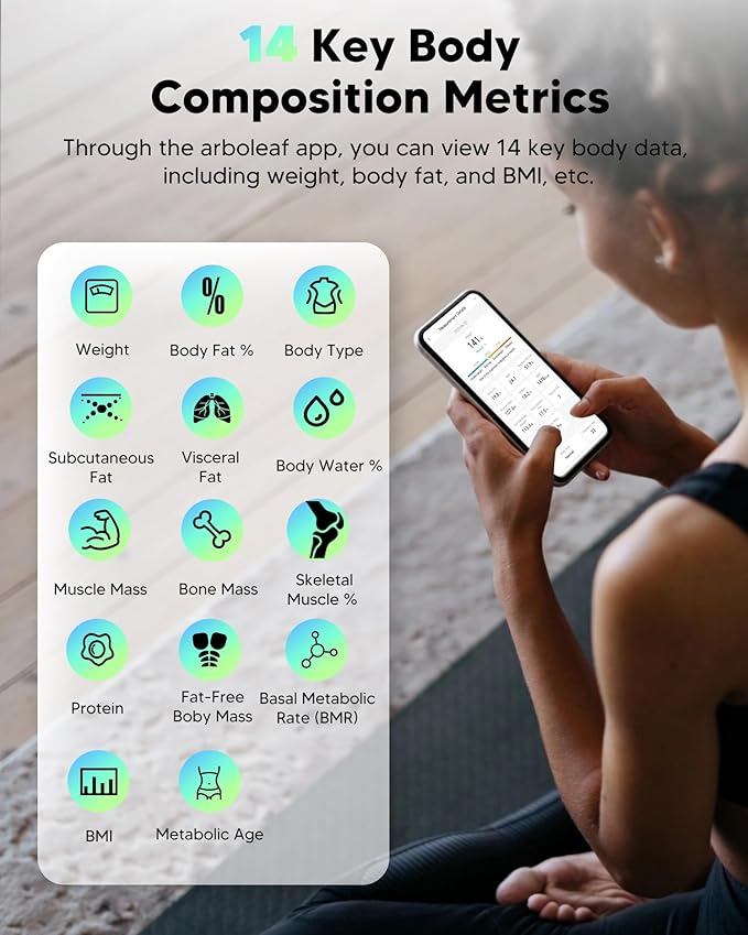 arboleaf Smart Scale for Body Weight and Fat, Bluetooth Digital Bathroom Scale, Body Composition Analyzer with App, 14 Metrics Include BMI, 400lb Capacity(Black)