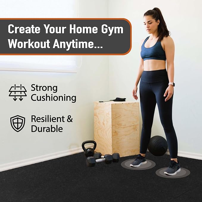 AIRHOP 0.56in Thick 96 Sq Ft Exercise Equipment Mats, 24 Tiles Upgraded Rubber Top with High Density EVA Foam, Large Interlocking Puzzle Gym Flooring for Home Gym, Heavy Weight Workout,Black