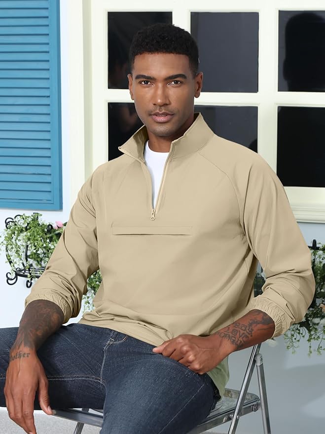 Aulemen Men's Casual Quarter Zip Pullover-Athletic Windbreaker Lightweight Jackets Hiking Golf for Men Mock Neck with Pockets