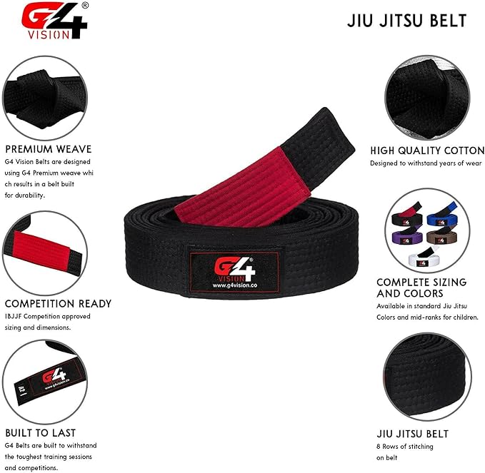 G4 VISION Jiu Jitsu Belt BJJ Belts Brazilian Adult A1 A2 A3 A4 Black Brown Purple Blue White