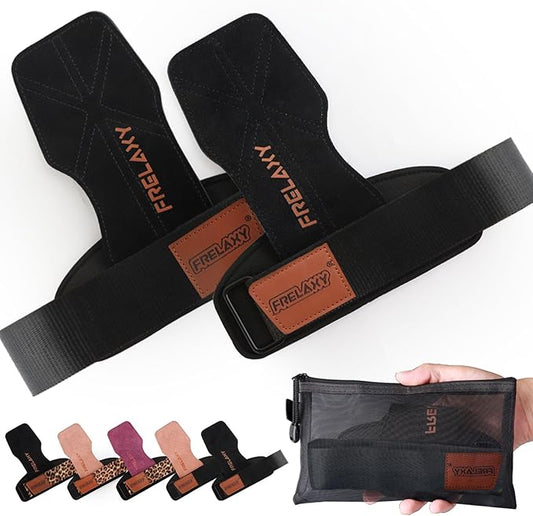Frelaxy Lifting Wrist Straps Women and Men, Weight Lifting Grips with Cushion Wrist Loop, Double Layer Leather and Storage Pouch, Gym Workout Straps for Deadlift and Powerlifting
