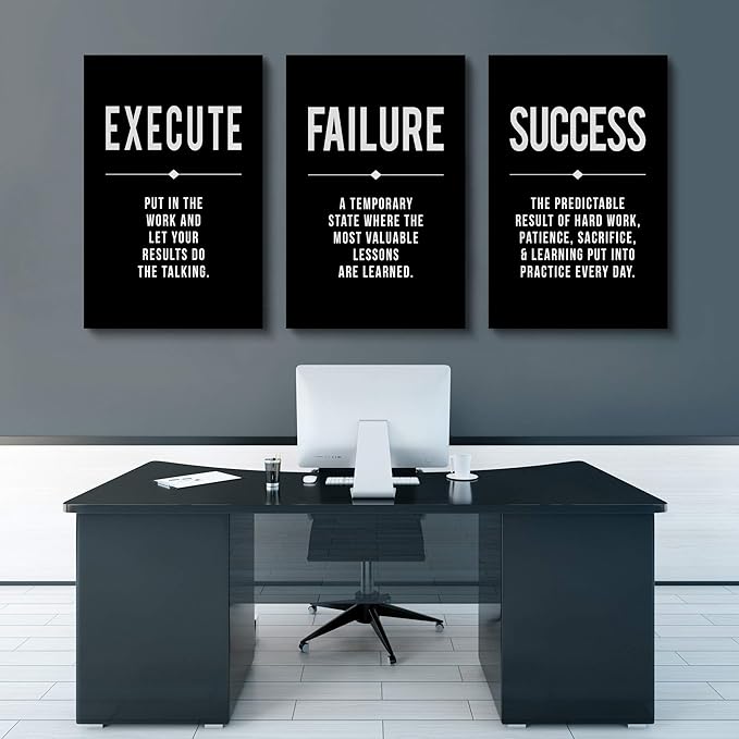 Framed Canvas Wall Art Success Quote, Office Wall Art, Black Large Poster, Positive Motivational Set of 3 Prints, Execute Failure Definition, Inspirational Print (A-3pcs,20x30inchx3pcs)