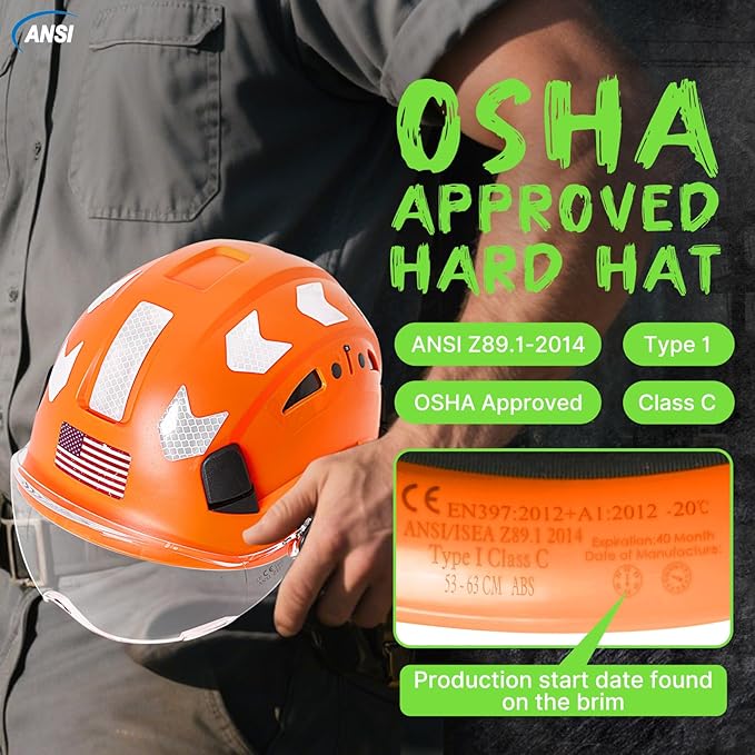 AOLAMEGS Construction Safety Hard Hat - ANSI Z89.1 Type Ι OSHA Approved Safety Helmets with Chin Straps Lightweight Reflective Vented ABS Hard Hats For Men Women Industrial Workwear 6-point Suspension