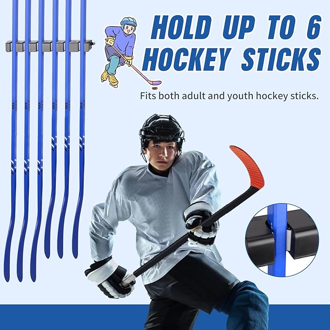 Hikeen Hockey Stick Wall Mount, Enhanced Stability Ice Hockey Stick Display Holder, Space-Saving Hockey Stick Organizer Holds up to 6 Sticks for Any Home Office Wall