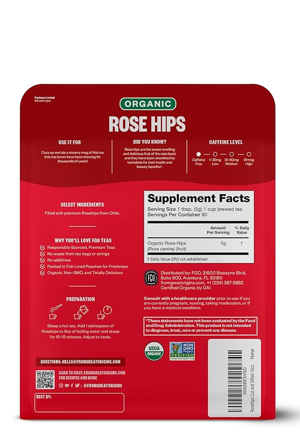 FGO Organic Rosehips Tea, Cut and Sifted, 16 Ounce Resealable Bag, Packaging May Vary (Pack of 1)