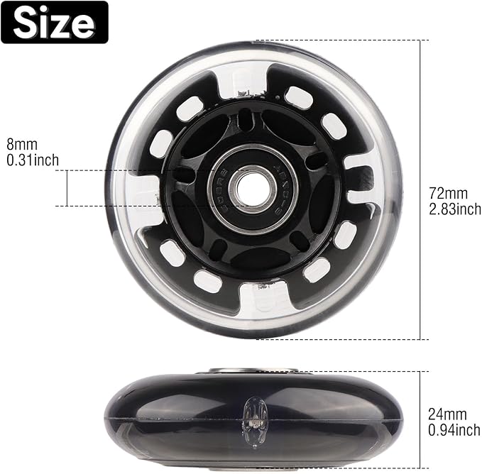 8pcs Inline Skate Wheels Led Light-Up Wheels 64/70/72/76/80mm w/Bushings 85-88A for Kids and Youth Beginners Children's Inline Skates Indoor/Outdoor Use (Black, 72mm)