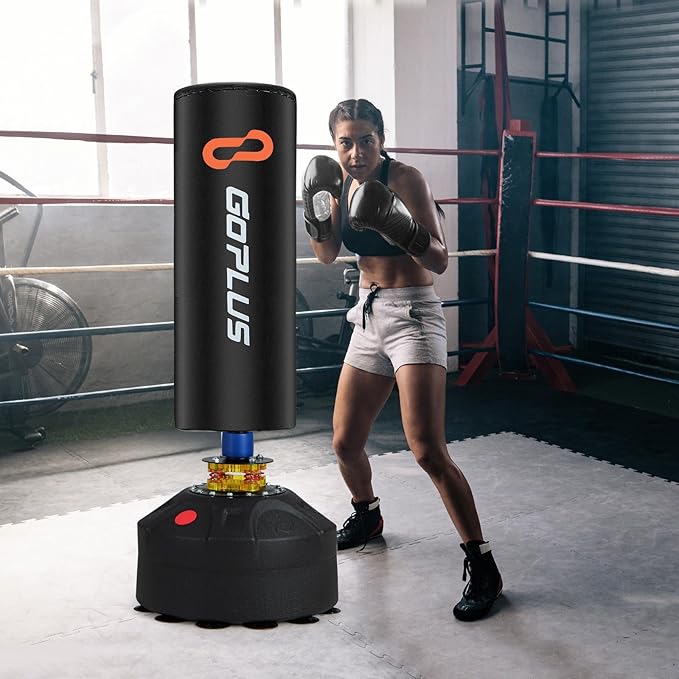 Goplus Freestanding Punching Bag, 220LBS Heavy Boxing Bag with Gloves, Shock Absorber, 12 Suction Cup Base, Kickboxing Bag with Stand for Adults Youth Men Women Home Gym