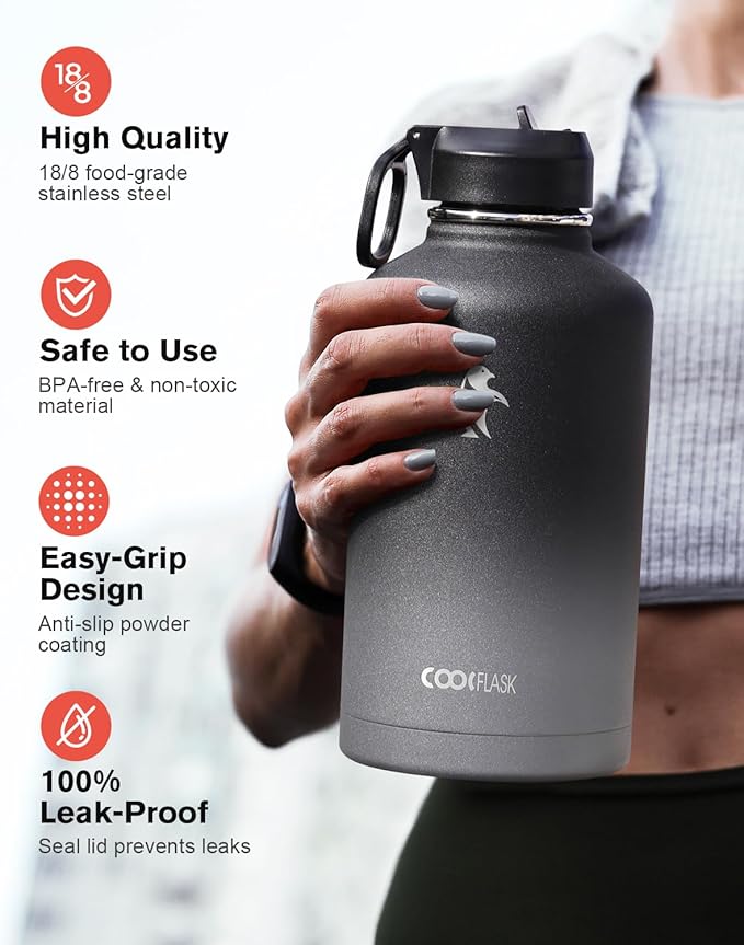 Half Gallon Insulated Water Bottle with Straw & 3 Lids, Coolflask 64 oz Water Jug Large Metal Stainless Steel Wide Mouth for Sports, Gym or Office, Non-BPA Keep Cold 48H Hot 24H, Piano Night