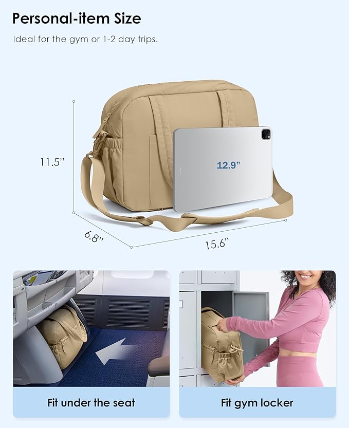 Gym Bag for Women, Travel Duffle Bags with Wet Pocket, Lightweight Carry on Bag Overnight Weekender Duffel Bag, Water Resistant (Camel)