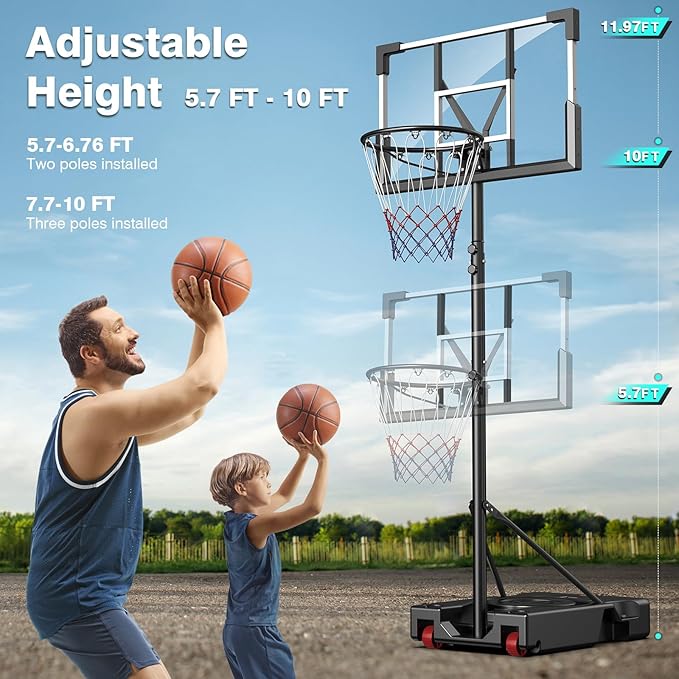 Basketball Hoop Outdoor, 10FT Adjustable Height, Portable Basketball Hoops Goal Court System w/ 45in Shatterproof Backboard for Kids Youth Adults