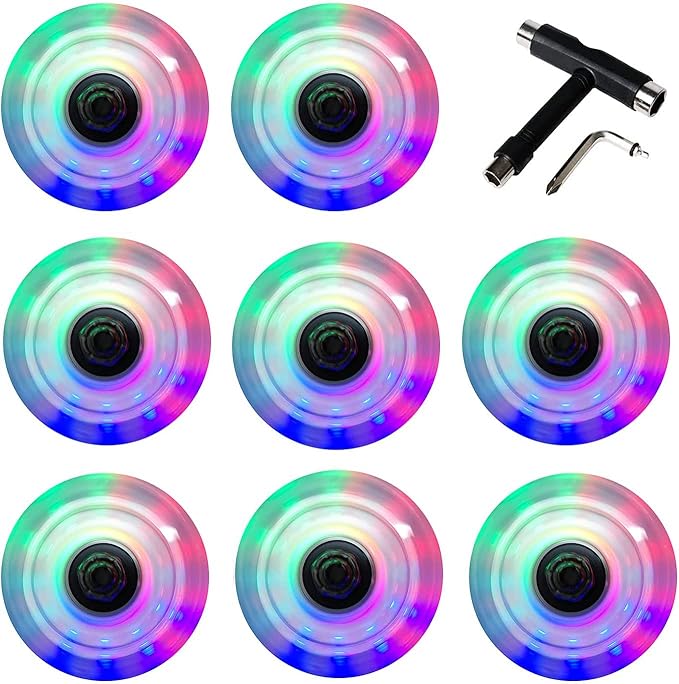 FREEDARE Roller Skate Wheels 54mm/58mm and Bearings Indoor Outdoor Luminous Light Up 83A with T Tools for Double Row Skating and Skateboard (8 Pack)